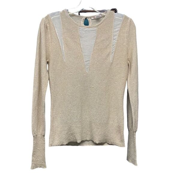 Alice + Olivia Sweaters - Alice + Olivia Cream with Gold/Metallic Stripes Mesh Sweater Size Large